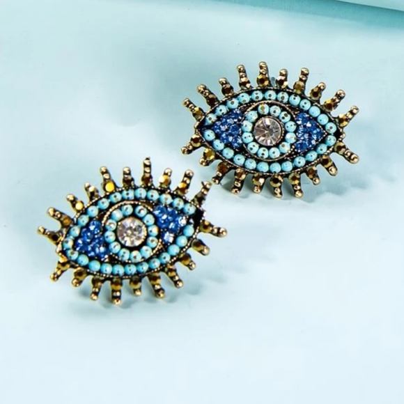 Beaded rhinestone eye stud earrings crystal‎ turquoise gold metal boho chic CUTE - Picture 2 of 2